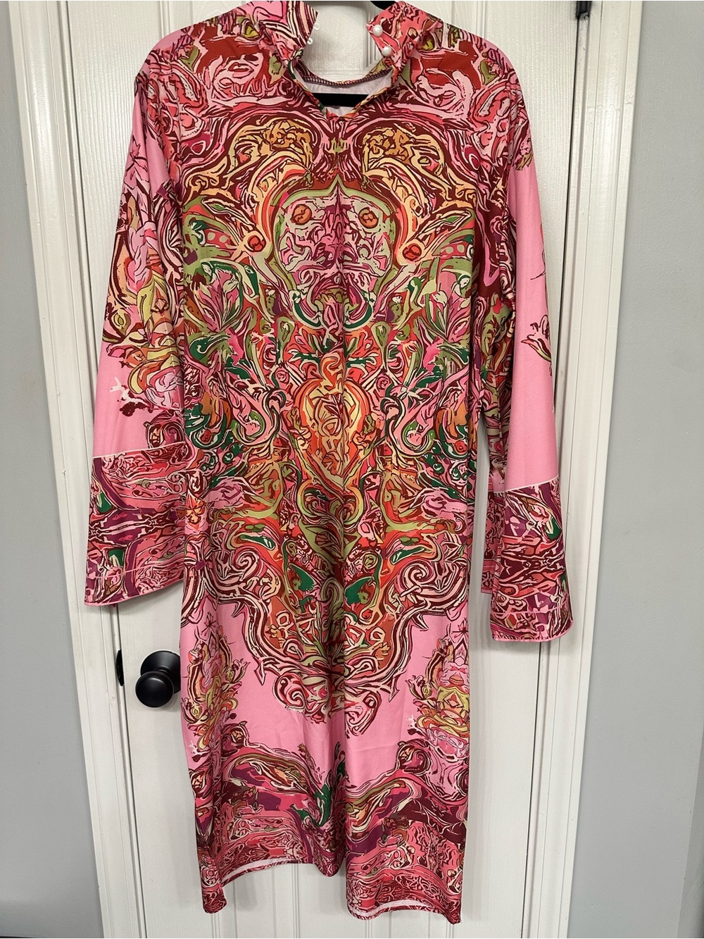 Vibrant Pink Paisley Print Long Sleeve Tunic Dress
